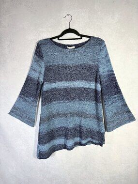 Dana Buchman Pullover Sweater Indigo Blue Ombre Slant Hem Bell Sleeves Size M